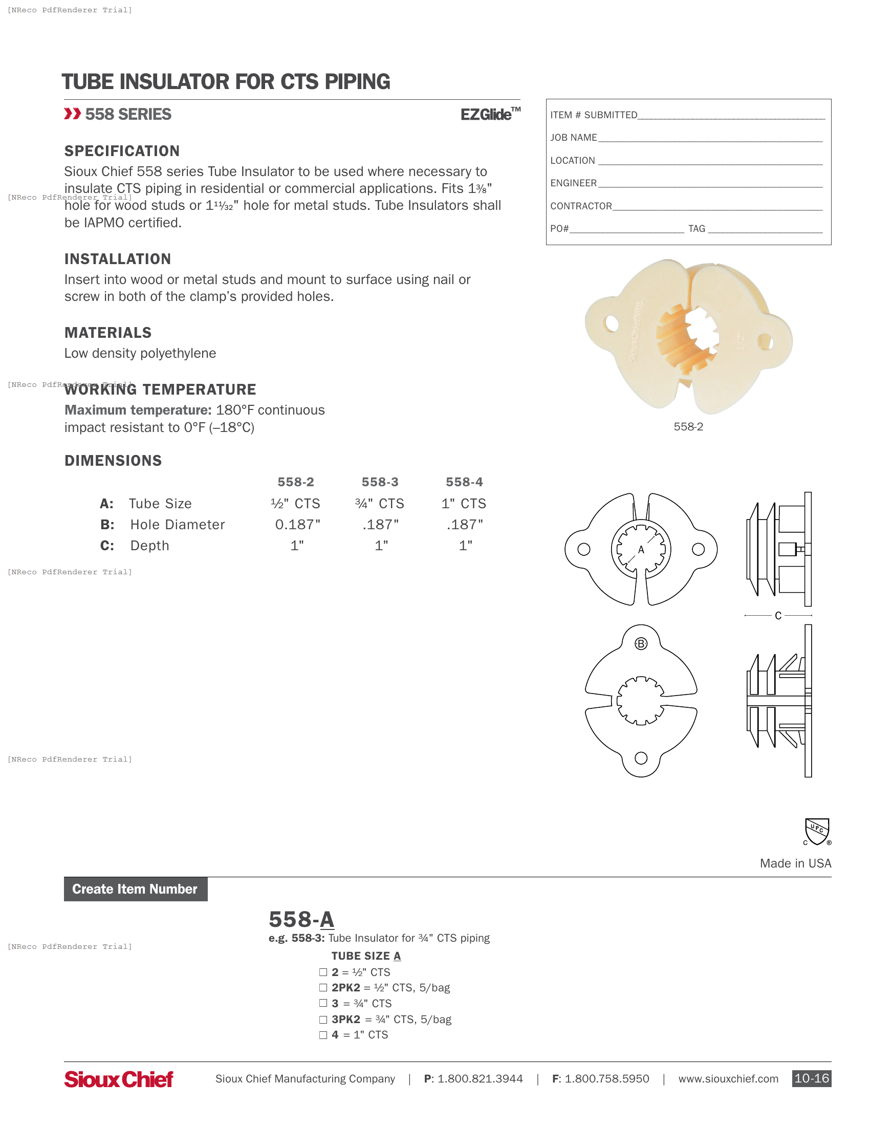 558 SERIES - EZGLIDE TUBE INSULATOR - SPEC SHEET.PDF Specification Document